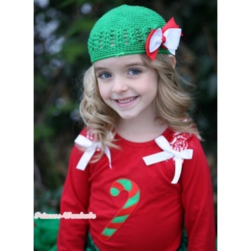 Christmas Stick Print Red Long Sleeves Top with Red White Striped Ruffles & White Bow TW311 