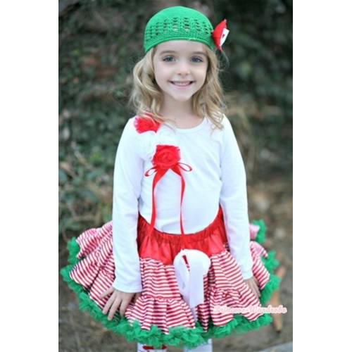 Red White Striped mix Christmas Green Pettiskirt with Matching White Long Sleeves Top with Bunch of Red White Rosettes & Red Bow MW81 