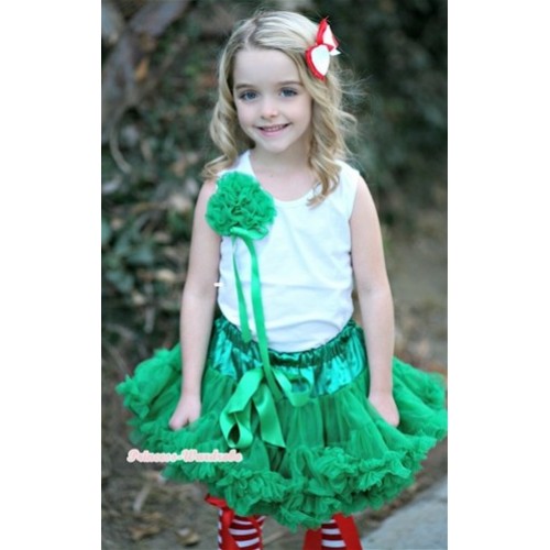 Kelly Green Pettiskirt with a Bunch of Kelly Green Rosettes & Kelly Green Bow White Tank Top MG448 