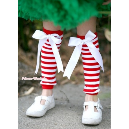 Newborn Baby Red White Striped Leg Warmers with White Bow LG215 