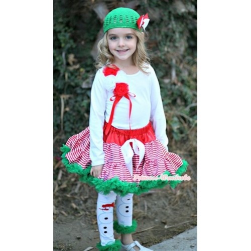 Red White Striped mix Christmas Green Pettiskirt with Matching White Long Sleeves Top with Bunch of Red White Rosettes & Red Bow & White Snowman Leg Warmers Leggings with Kelly Green Ruffles MW82 