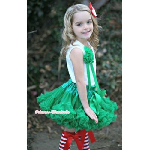 Kelly Green Pettiskirt With White Tank Top with Bunch Of Kelly Green Rosettes& Kelly Green Bow & Red White Striped Leg Warmer with Red Bow MG308 