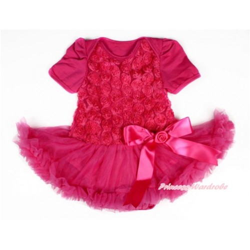 Valentine's Day Hot Pink Romantic Rose Baby Bodysuit Jumpsuit Hot Pink Pettiskirt & Hot Pink Bow JS2451 