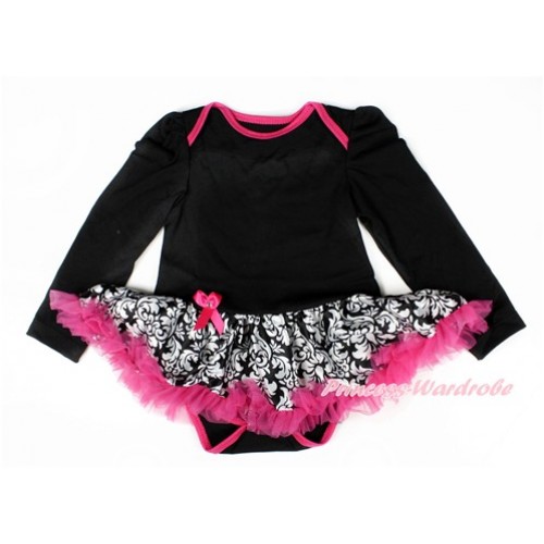 Black Long Sleeve Baby Bodysuit Jumpsuit  Damask Hot Pink Pettiskirt JS2458 