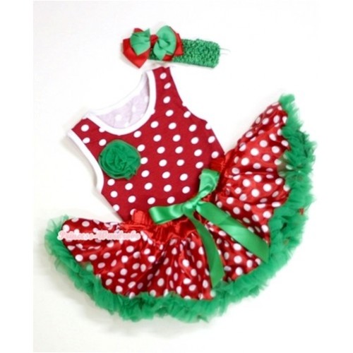 Minnie Baby Pettitop with One Kelly Green Rose & Christmas Polka Dots Newborn Pettiskirt &Green Headband Green Red Bow 3PC Set NG1085 