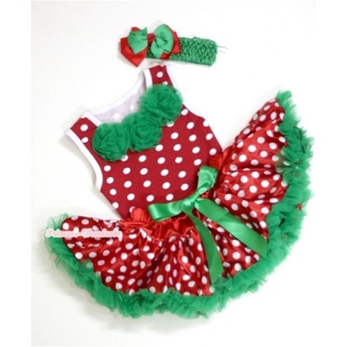 Minnie Baby Pettitop with Kelly Green Rosettes & Christmas Polka Dots Newborn Pettiskirt &Green Headband Green Red Bow 3PC Set NG1086 