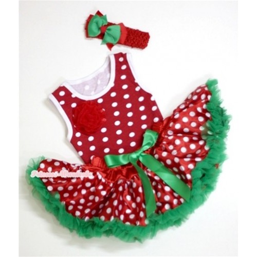 Minnie Baby Pettitop with One Red Rose & Christmas Polka Dots Newborn Pettiskirt & Red Headband Green Red Bow 3PC Set NG1087 