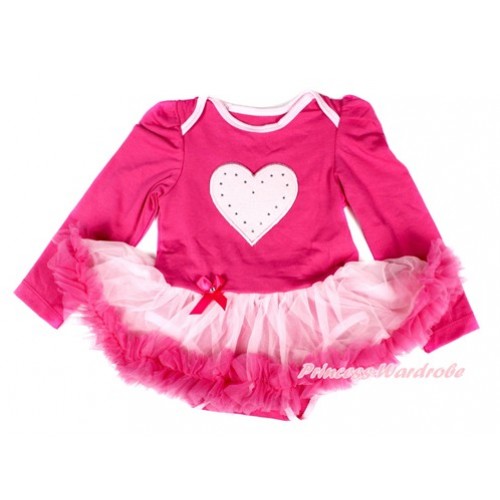 Hot Pink Long Sleeve Baby Bodysuit Jumpsuit Light Hot Pink Pettiskirt With Light Pink Heart Print JS2483 
