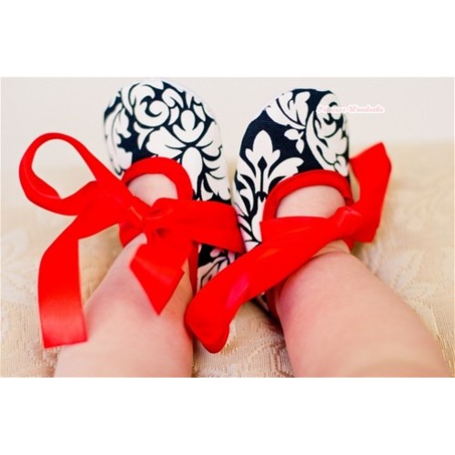 Hot Red Damask Shoes with Ribbon Crib Shoes S461 