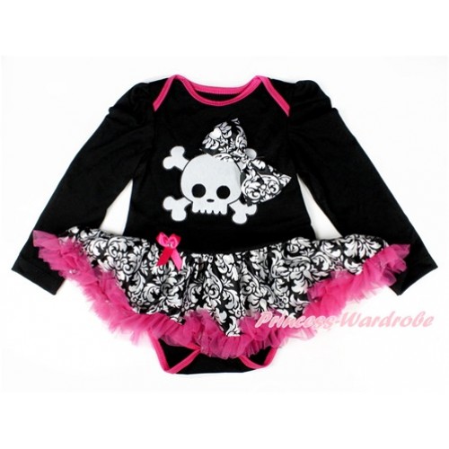 Black Long Sleeve Baby Bodysuit Jumpsuit Damask Hot Pink Pettiskirt With Damask Bow & White Skeleton Print JS2492 