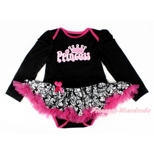 Black Long Sleeve Baby Bodysuit Jumpsuit Damask Hot Pink Pettiskirt With Princess Print JS2495 