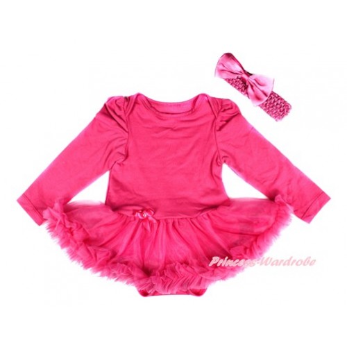 Hot Pink Long Sleeve Baby Bodysuit Jumpsuit Hot Pink Pettiskirt With Hot Pink Headband Hot Pink Satin Bow JS2506 