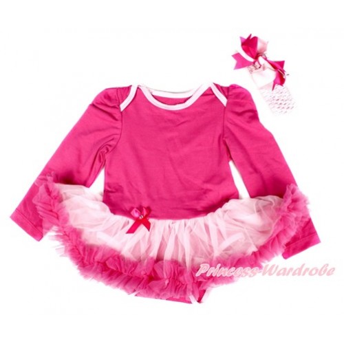 Hot Pink Long Sleeve Baby Bodysuit Jumpsuit Light Hot Pink Pettiskirt With Light Pink Headband Light Hot Pink Screwed Ribbon Bow JS2507 