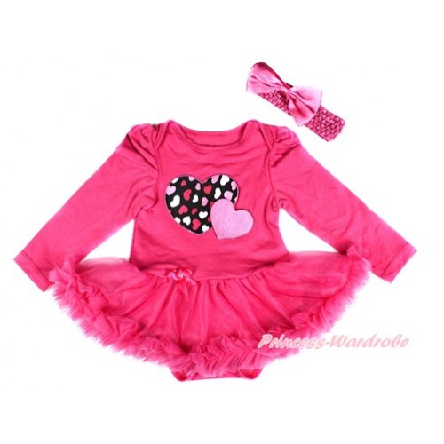 Valentine's Day Hot Pink Long Sleeve Baby Bodysuit Jumpsuit Hot Pink Pettiskirt With Hot Pink Sweet Twin Heart Print & Hot Pink Headband Hot Pink Satin Bow JS2510 