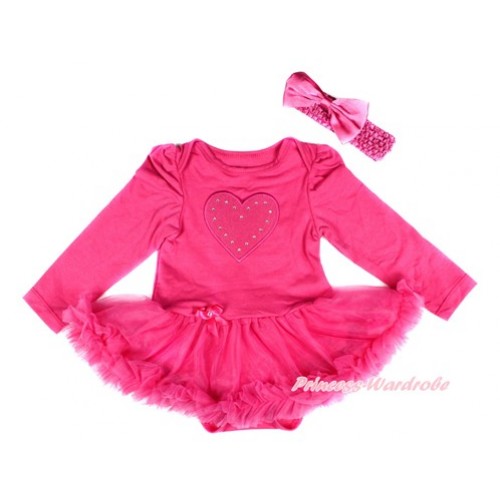 Hot Pink Long Sleeve Baby Bodysuit Jumpsuit Hot Pink Pettiskirt With Hot Pink Heart Print & Hot Pink Headband Hot Pink Satin Bow JS2511 