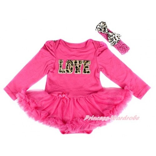 Hot Pink Long Sleeve Baby Bodysuit Jumpsuit Hot Pink Pettiskirt With Leopard LOVE Print & Hot Pink Headband Leopard Satin Bow JS2515 