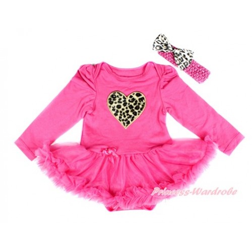 Hot Pink Long Sleeve Baby Bodysuit Jumpsuit Hot Pink Pettiskirt With Leopard Heart Print & Hot Pink Headband Leopard Satin Bow JS2516 