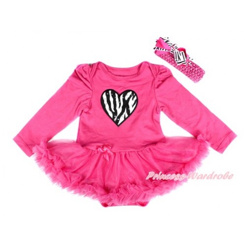 Hot Pink Long Sleeve Baby Bodysuit Jumpsuit Hot Pink Pettiskirt With Zebra Heart Print & Hot Pink Headband Zebra Hot Pink Screwed Ribbon Bow JS2518 