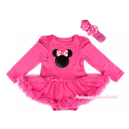 Hot Pink Long Sleeve Baby Bodysuit Jumpsuit Hot Pink Pettiskirt With Hot Pink Minnie Print & Hot Pink Headband Hot Pink White Dots Ribbon Bow JS2524 