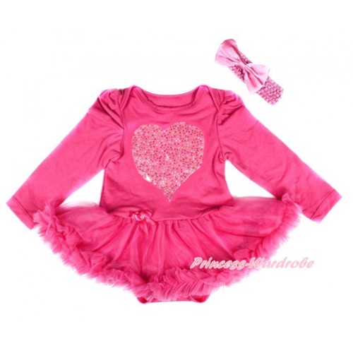 Xmas Hot Pink Long Sleeve Baby Bodysuit Jumpsuit Hot Pink Pettiskirt With Sparkle Crystal Bling Rhinestone Rainbow Heart Print & Hot Pink Headband Hot Pink Satin Bow JS2526 