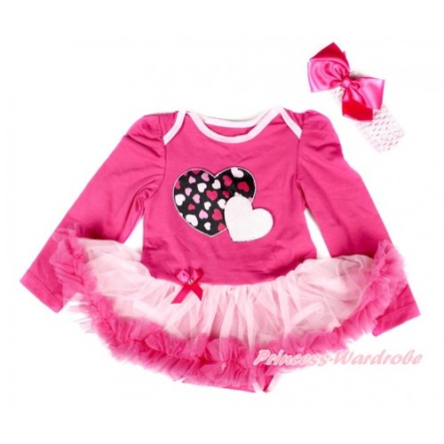 Valentine's Day Hot Pink Long Sleeve Baby Bodysuit Jumpsuit Light Hot Pink Pettiskirt With Light Pink Sweet Twin Heart Print & Light Pink Headband Hot Pink Silk Bow JS2533 