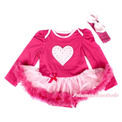 Hot Pink Long Sleeve Baby Bodysuit Jumpsuit Light Hot Pink Pettiskirt With Light Pink Heart Print & Hot Pink Headband Light Pink Silk Bow JS2534 