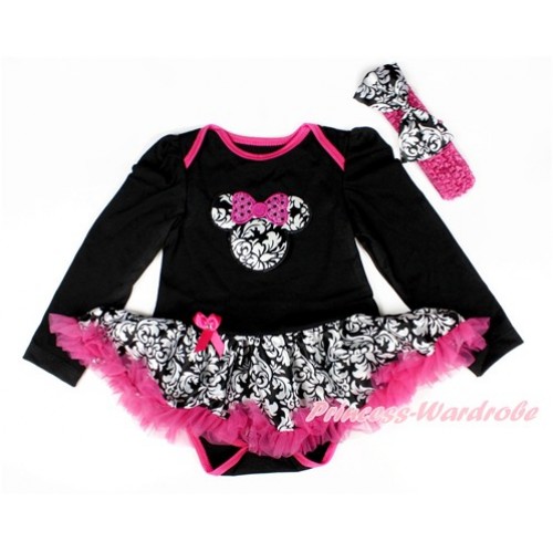 Black Long Sleeve Baby Bodysuit Jumpsuit Damask Hot Pink Pettiskirt With Sparkle Hot Pink Damask Minnie Print & Hot Pink Headband Damask Satin Bow JS2542 