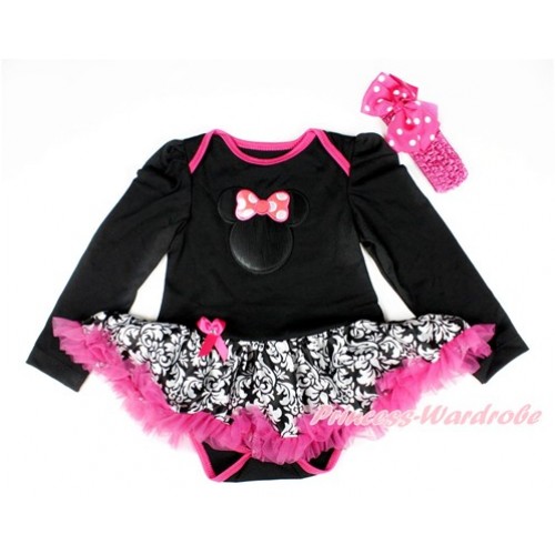 Black Long Sleeve Baby Bodysuit Jumpsuit Damask Hot Pink Pettiskirt With Hot Pink Minnie Print & Hot Pink Headband Hot Pink White Dots Silk Bow JS2544 