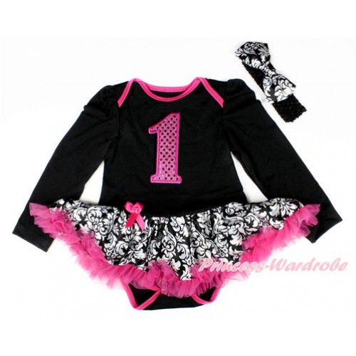 Black Long Sleeve Baby Bodysuit Jumpsuit Damask Hot Pink Pettiskirt With 1st Sparkle Hot Pink Birthday Number Print & Black Headband Damask Satin Bow JS2549 