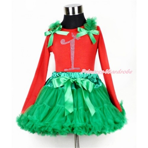 Xmas Kelly Green Pettiskirt with 1st Sparkle Crystal Bling Rhinestone Birthday Number Print Red Long Sleeves Top with Kelly Green Ruffles & Kelly Green Bow MB30 