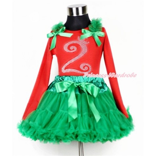 Xmas Kelly Green Pettiskirt with 2nd Sparkle Crystal Bling Rhinestone Birthday Number Print Red Long Sleeves Top with Kelly Green Ruffles & Kelly Green Bow MB31 