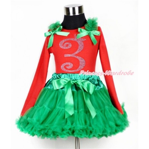 Xmas Kelly Green Pettiskirt with 3rd Sparkle Crystal Bling Rhinestone Birthday Number Print Red Long Sleeves Top with Kelly Green Ruffles & Kelly Green Bow MB32 