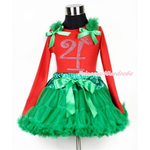 Xmas Kelly Green Pettiskirt with 4th Sparkle Crystal Bling Rhinestone Birthday Number Print Red Long Sleeves Top with Kelly Green Ruffles & Kelly Green Bow MB33 