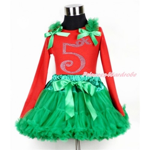 Xmas Kelly Green Pettiskirt  with 5th Sparkle Crystal Bling Rhinestone Birthday Number Print Red Long Sleeves Top with Kelly Green Ruffles & Kelly Green Bow MB34 