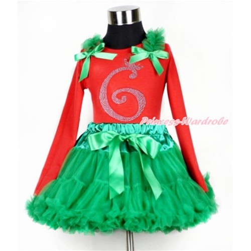 Xmas Kelly Green Pettiskirt with 6th Sparkle Crystal Bling Rhinestone Birthday Number Print Red Long Sleeves Top with Kelly Green Ruffles & Kelly Green Bow MB35 