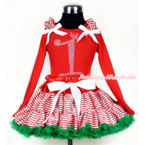 Xmas Red White Striped mix Christmas Green Pettiskirt with 1st Sparkle Crystal Bling Rhinestone Birthday Number Print Red Long Sleeves Top with Red White Striped Ruffles and White Bow MB36 