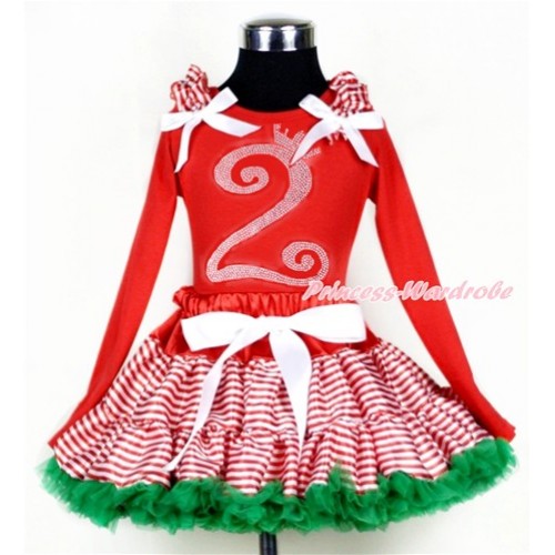 Xmas Red White Striped mix Christmas Green Pettiskirt with 2nd Sparkle Crystal Bling Rhinestone Birthday Number Print Red Long Sleeves Top with Red White Striped Ruffles and White Bow MB37 
