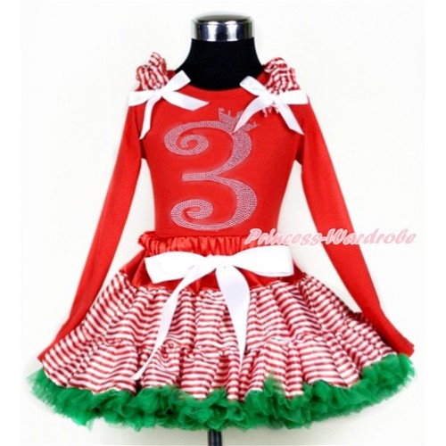 Xmas Red White Striped mix Christmas Green Pettiskirt with 3rd Sparkle Crystal Bling Rhinestone Birthday Number Print Red Long Sleeves Top with Red White Striped Ruffles and White Bow MB38 