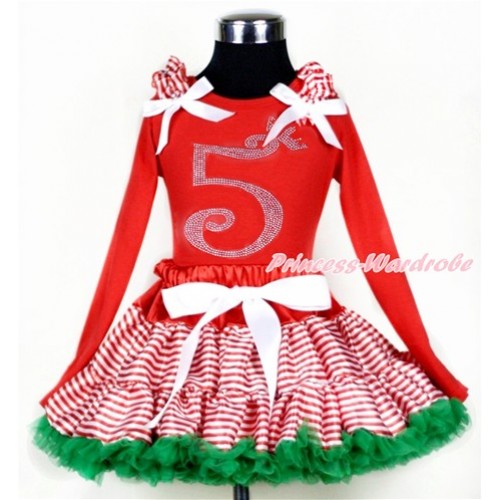 Xmas Red White Striped mix Christmas Green Pettiskirt with 5th Sparkle Crystal Bling Rhinestone Birthday Number Print Red Long Sleeves Top with Red White Striped Ruffles and White Bow MB40 