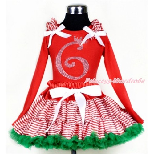 Xmas Red White Striped mix Christmas Green Pettiskirt with 6th Sparkle Crystal Bling Rhinestone Birthday Number Print Red Long Sleeves Top with Red White Striped Ruffles and White Bow MB41 