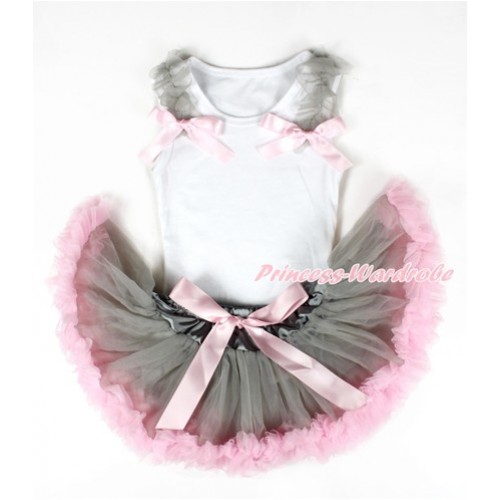 White Baby Pettitop & Grey Ruffles & Light Pink Bows with Grey Light Pink Newborn Pettiskirt NG1311 