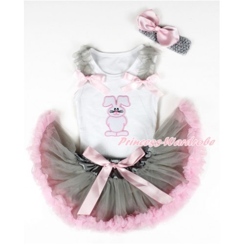 White Baby Pettitop with Bunny Rabbit Print with Grey Ruffles & Light Pink Bows & Grey Light Pink Newborn Pettiskirt With Grey Headband Light Pink Silk Bow NG1320 