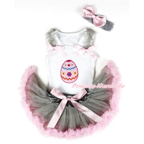 White Baby Pettitop with Easter Egg Print with Grey Ruffles & Light Pink Bows & Grey Light Pink Newborn Pettiskirt With Grey Headband Light Pink Silk Bow NG1322 