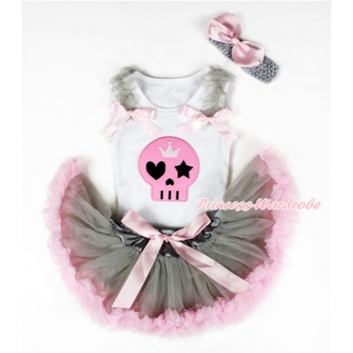 White Baby Pettitop with Light Pink Skeleton Print with Grey Ruffles & Light Pink Bows & Grey Light Pink Newborn Pettiskirt With Grey Headband Light Pink Silk Bow NG1323 