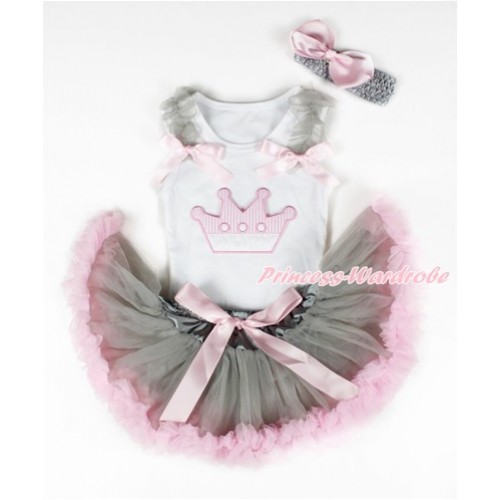 White Baby Pettitop with Crown Print with Grey Ruffles & Light Pink Bows & Grey Light Pink Newborn Pettiskirt With Grey Headband Light Pink Silk Bow NG1325 