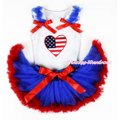 White Baby Pettitop with Patriotic American Heart Print with Royal Blue Ruffles & Red Bows with Royal Blue Red Newborn Pettiskirt NN100 