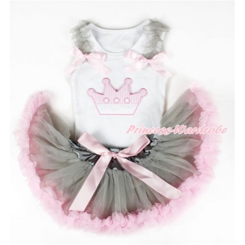 White Baby Pettitop with Crown Print with Grey Ruffles & Light Pink Bows with Grey Light Pink Newborn Pettiskirt NN108 