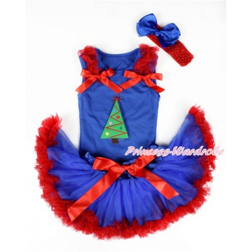 Xmas Royal Blue Baby Pettitop with Christmas Tree Print with Red Ruffles & Red Bows & Royal Blue Red Newborn Pettiskirt With Red Headband Royal Blus Silk Bow NG1340 