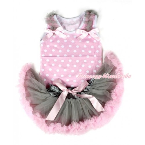 Light Pink White Dots Baby Pettitop & Grey Ruffles & Light Pink Bows with Grey Light Pink Newborn Pettiskirt NP035 
