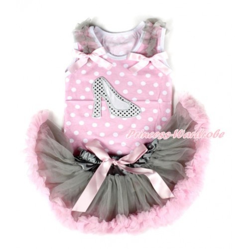 Light Pink White Dots Baby Pettitop with Sparkle White High Heel Shoes Print with Grey Ruffles & Light Pink Bows with Grey Light Pink Newborn Pettiskirt NP037 